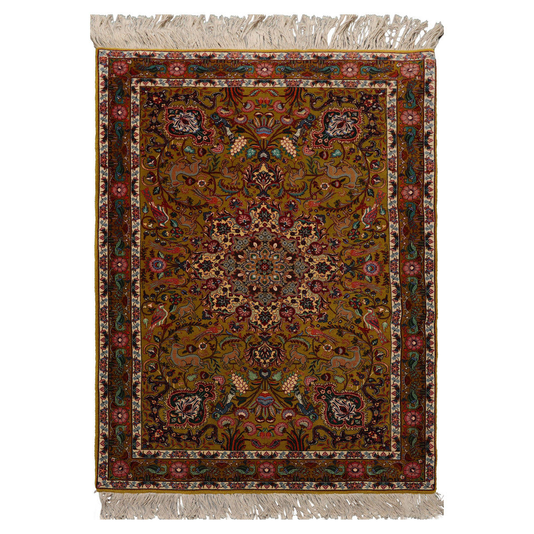 3x5 Mustard, Ivory, Green Color Hand Knotted Tabriz Wool & Silk Traditional Oriental Rug