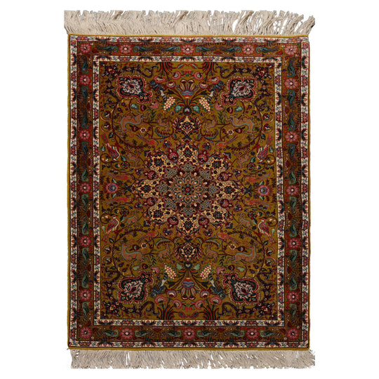 3'5''x5 Hand Knotted Wool & Silk Mustard Tabriz Traditional 300 KPSI Rug