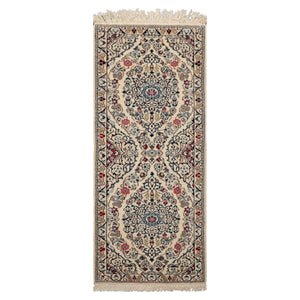 Runner Ivory, Blue, Maroon Color Hand Knotted Nain Wool & Silk Traditional Oriental Rug