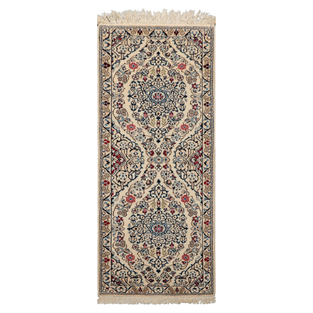 Runner Ivory, Blue, Maroon Color Hand Knotted Nain Wool & Silk Traditional Oriental Rug