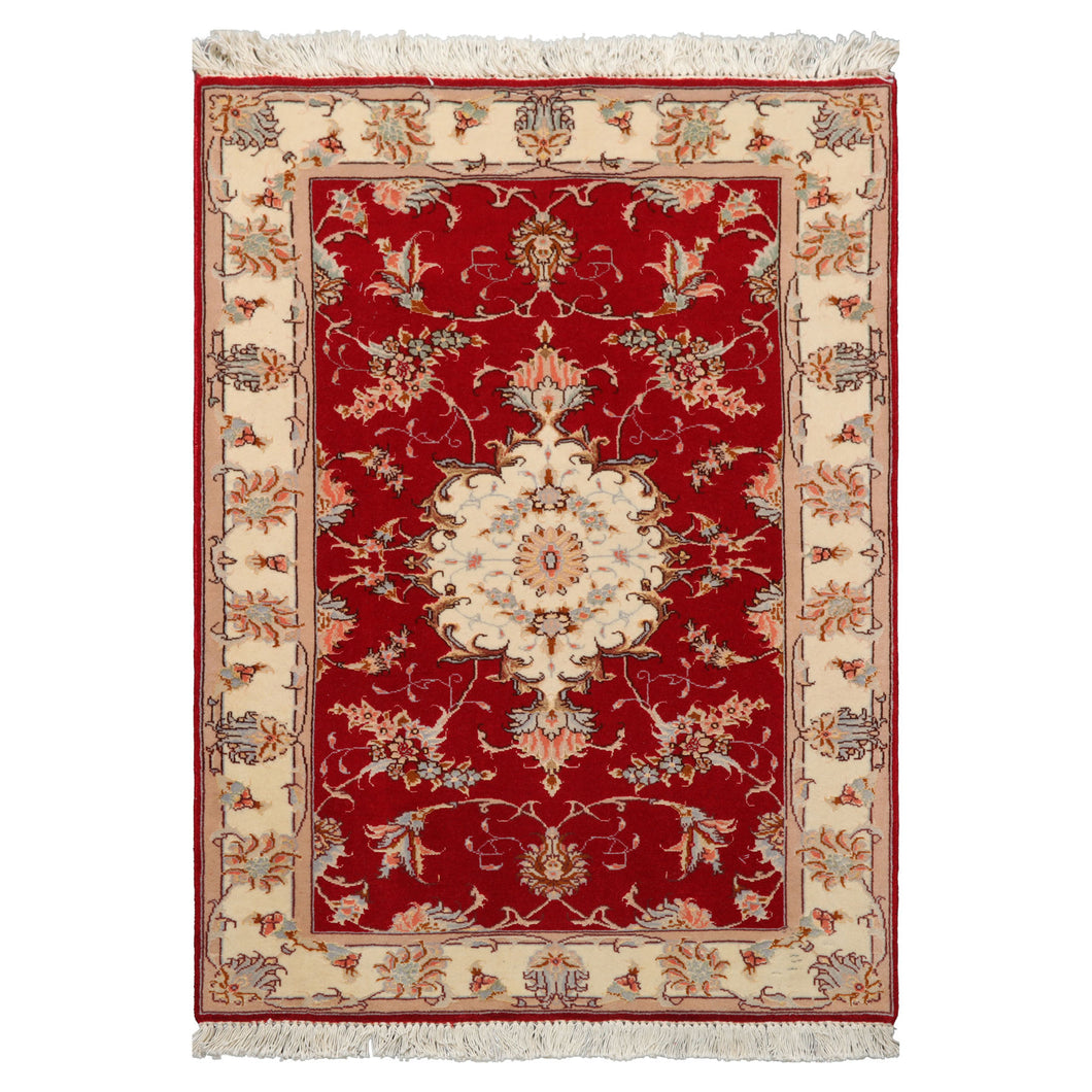 2x3 Red, Ivory, Aqua Color Hand Knotted Tabriz Wool & Silk Traditional Oriental Rug