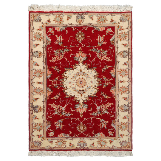 2'3''x3'3'' Hand Knotted Wool & Silk Red Tabriz Traditional 300 KPSI Rug