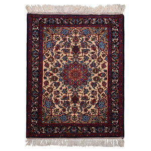 2x3 Beige, Navy, Red Color Hand Knotted Isfahan Wool & Silk Traditional Oriental Rug