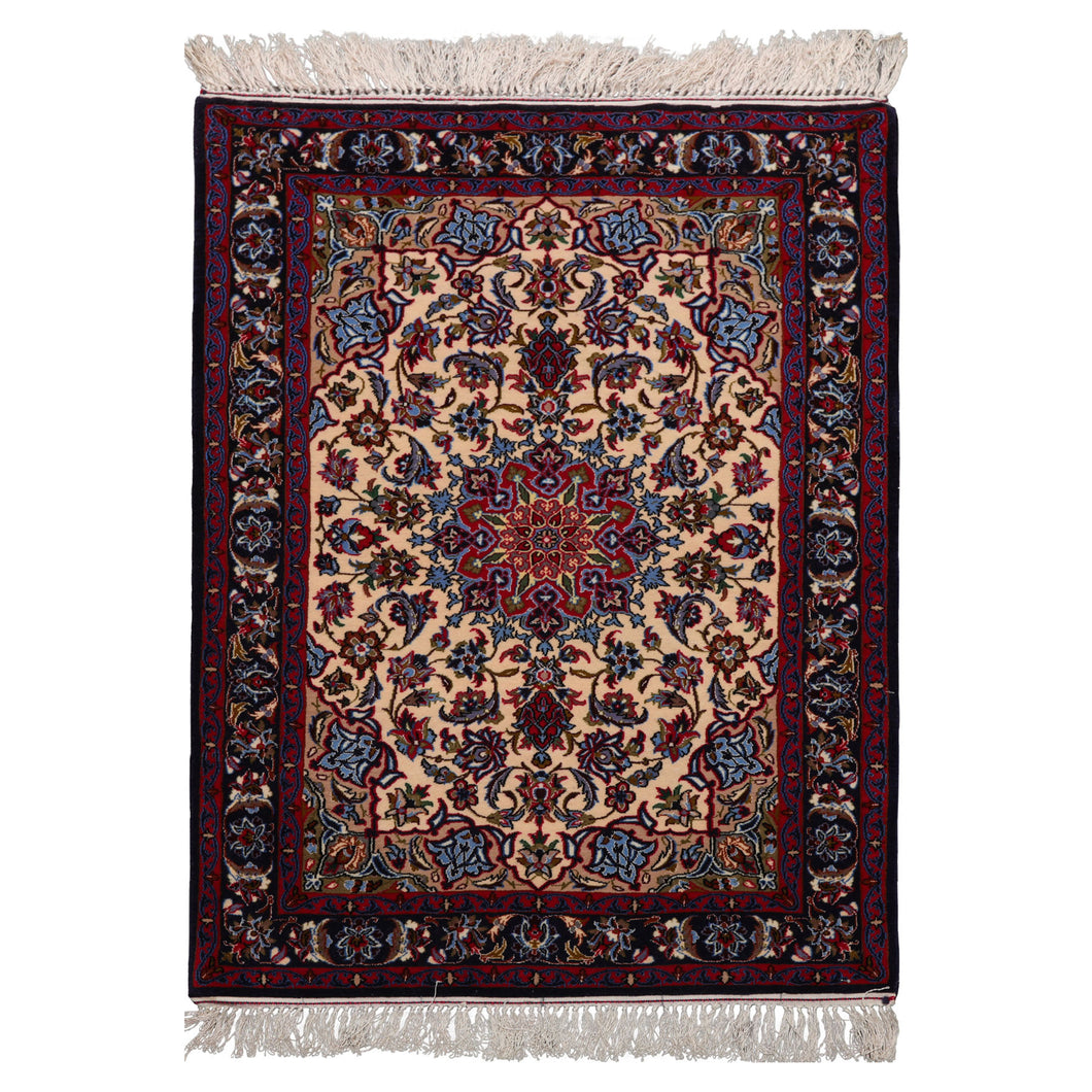 2x3 Beige, Navy, Red Color Hand Knotted Isfahan Wool & Silk Traditional Oriental Rug