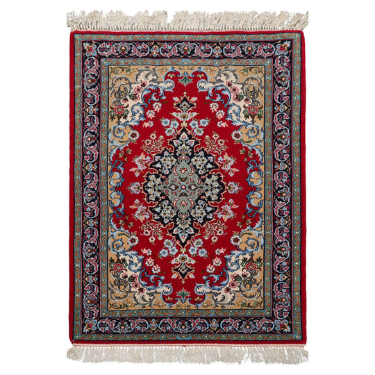 2'5''x3'8'' Hand Knotted Wool & Silk Red Isfahan Traditional 300 KPSI Rug