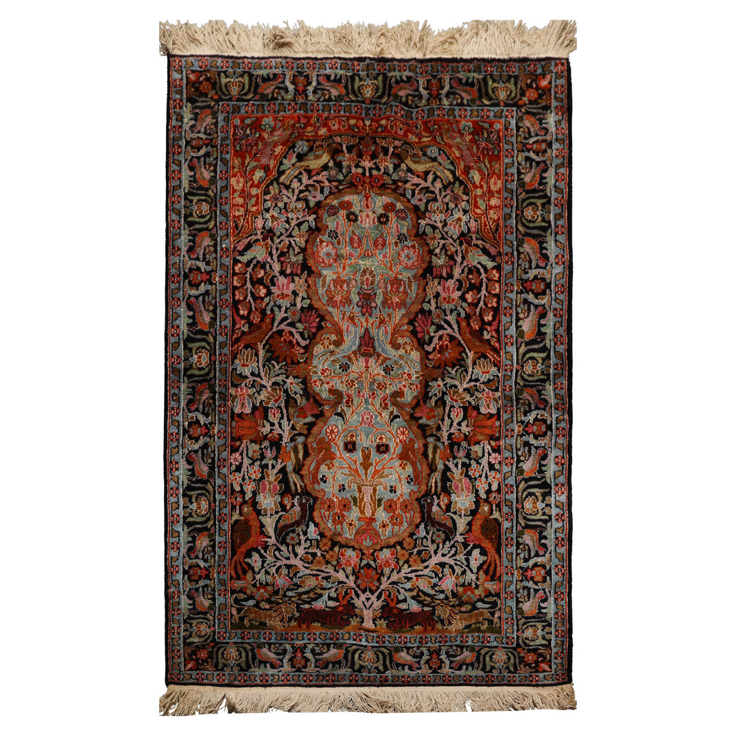 3x5 Black, Orange, Cream Color Hand Knotted Qum All Silk Silk Traditional Oriental Rug