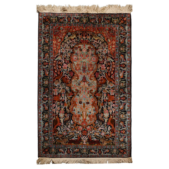 3x5 Hand Knotted Black Qum All Silk Traditional 200 KPSI Rug