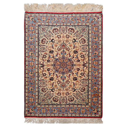 3'5''x5'3'' Hand Knotted Wool & Silk Ivory Isfahan Traditional 500 KPSI Rug