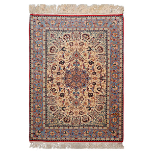 3x5 Ivory, Aqua, Blue Color Hand Knotted Isfahan Wool & Silk Traditional Oriental Rug