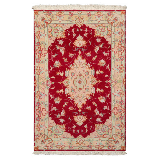 2'6''x4 Hand Knotted Wool & Silk Fuschia Tabriz Traditional 300 KPSI Rug