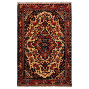 3x5 Ivory, Rust, Navy Color Hand Knotted Sarouk Wool Traditional Oriental Rug