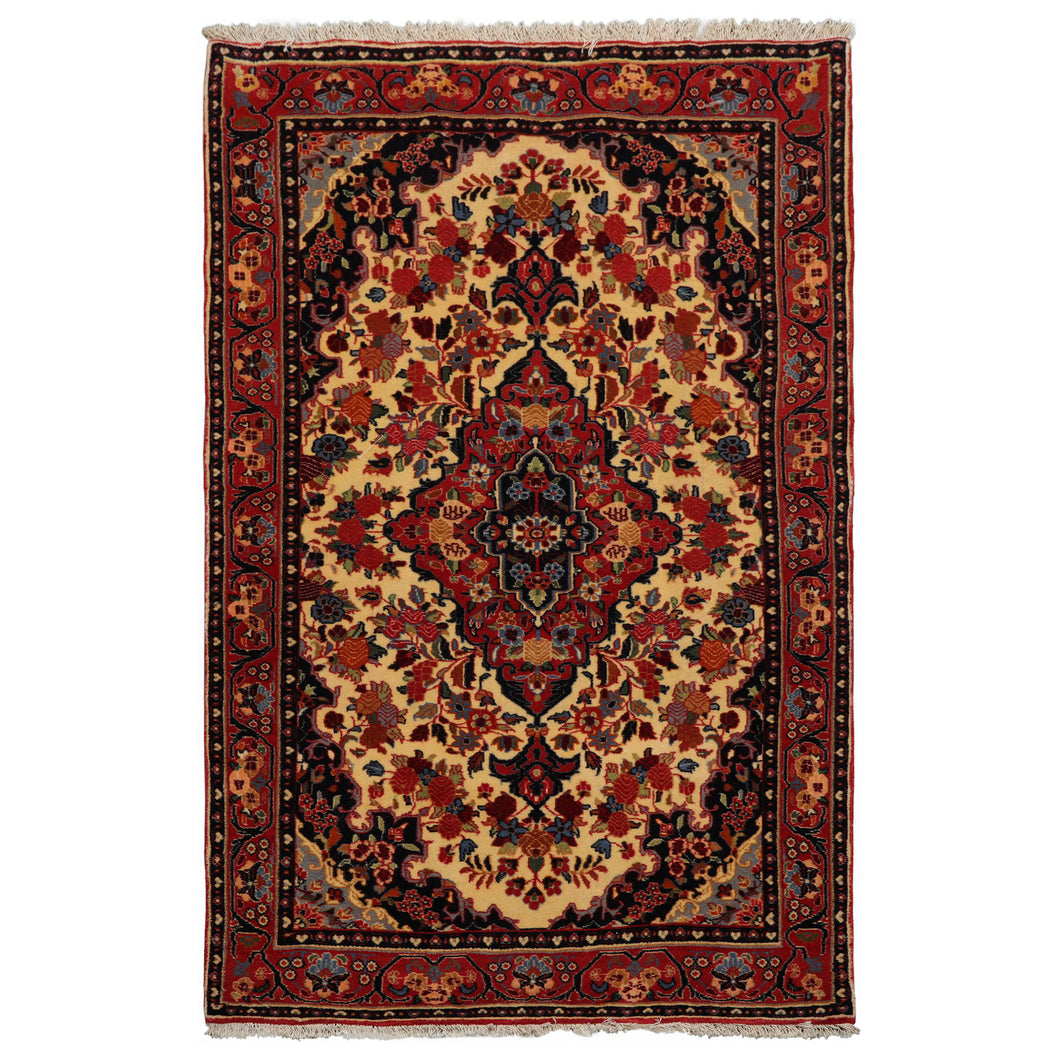 3x5 Ivory, Rust, Navy Color Hand Knotted Sarouk Wool Traditional Oriental Rug