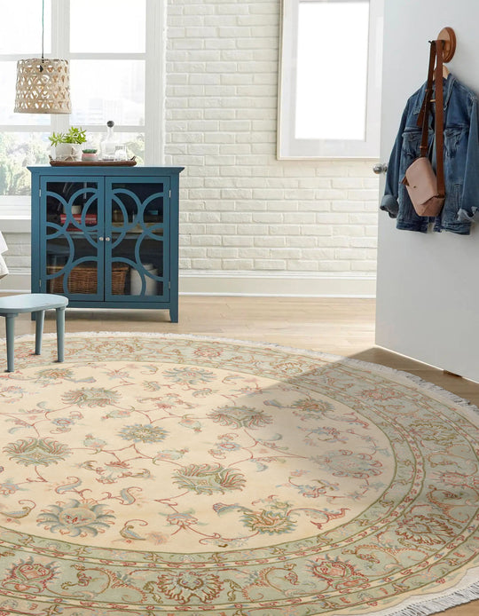 6'6''x6'6'' Hand Knotted Wool & Silk Ivory Tabriz Round Traditional 300 KPSI Rug