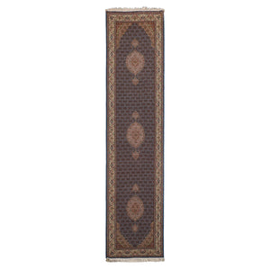 Runner Blue, Ivory, Brown Color Hand Knotted Tabriz Wool & Silk Traditional Oriental Rug