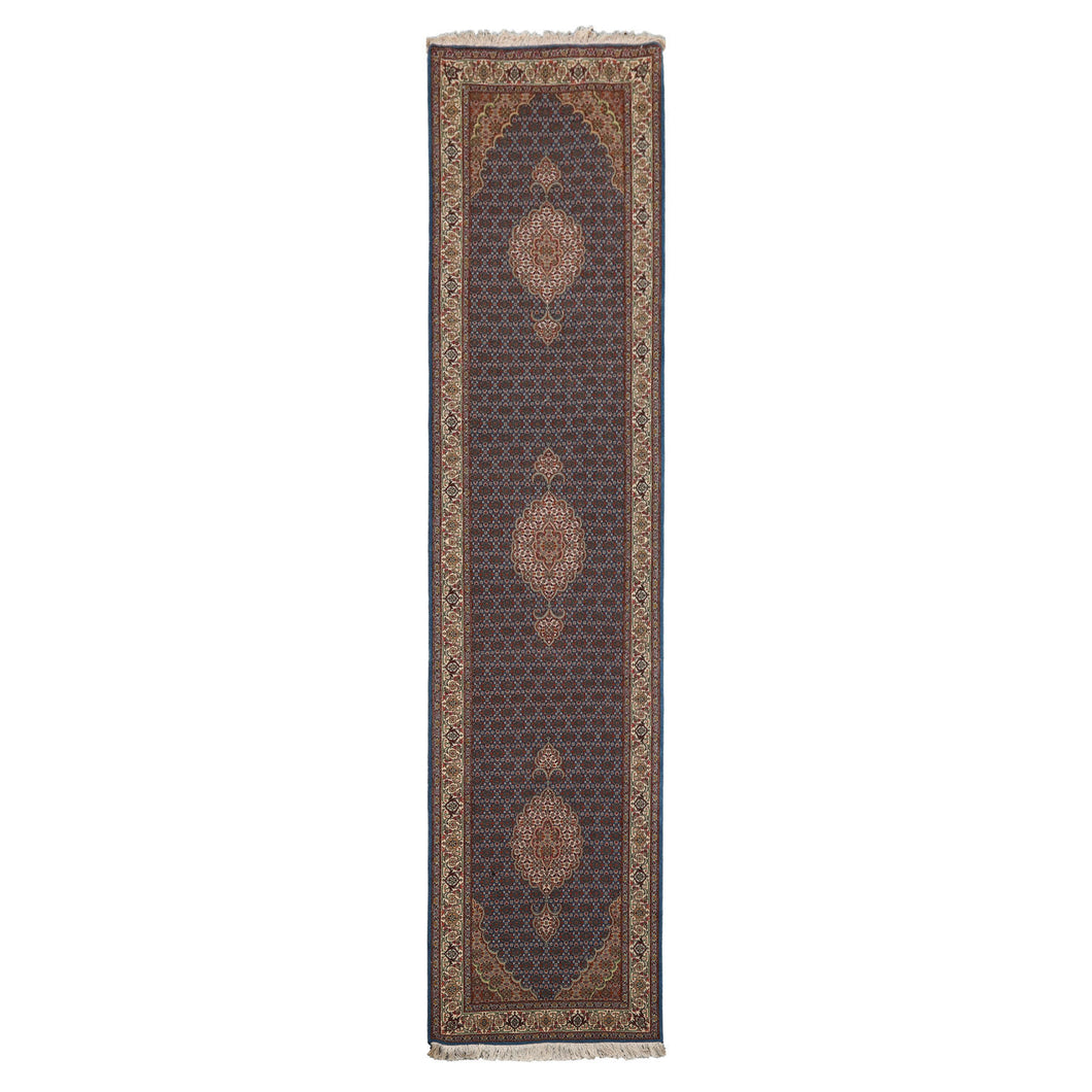 Runner Blue, Ivory, Brown Color Hand Knotted Tabriz Wool & Silk Traditional Oriental Rug