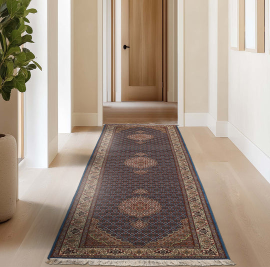 2'8''x11'7'' Runner Hand Knotted Wool & Silk Blue Tabriz Traditional 300 KPSI Rug