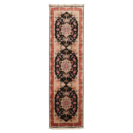 2'8''x9'7'' Runner Hand Knotted Wool & Silk Black Tabriz Traditional 400 KPSI Rug