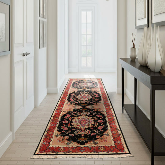 2'8''x9'7'' Runner Hand Knotted Wool & Silk Black Tabriz Traditional 400 KPSI Rug