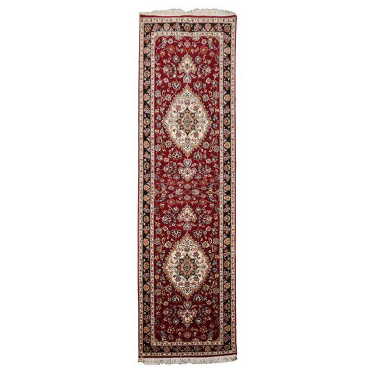 2'9''x9'6'' Runner Hand Knotted Wool & Silk Burgundy Tabriz Traditional 300 KPSI Rug