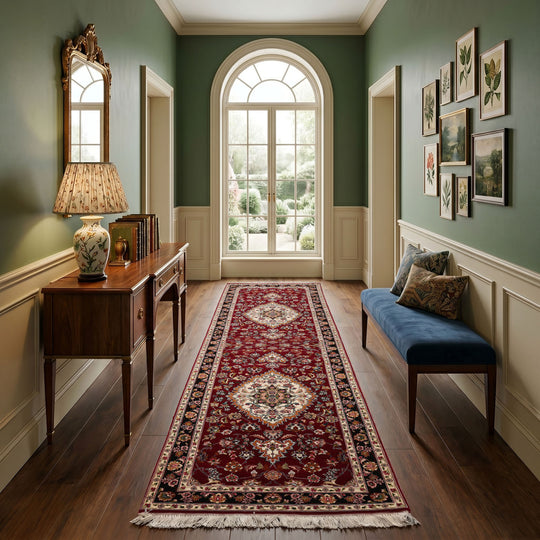 2'9''x9'6'' Runner Hand Knotted Wool & Silk Burgundy Tabriz Traditional 300 KPSI Rug