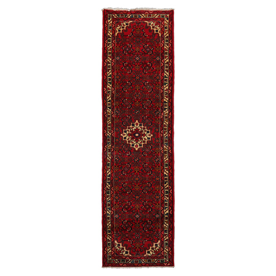 2'8''x9'8'' Runner Hand Knotted Wool Red Hamedan Traditional Rug