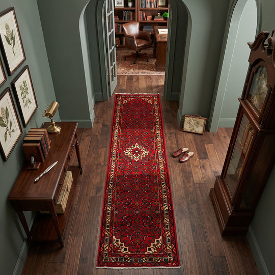 2'8''x9'8'' Runner Hand Knotted Wool Red Hamedan Traditional Rug