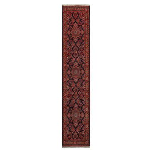 Runner Navy, Orange, Ivory Color Hand Knotted Hamedan Wool Traditional Oriental Rug