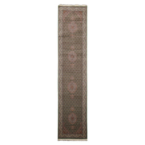 Runner Green, Ivory, Taupe Color Hand Knotted Tabriz Wool & Silk Traditional Oriental Rug
