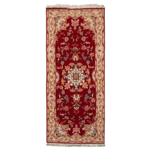 Runner Fuschia, Ivory, Pink Color Hand Knotted Tabriz Wool & Silk Traditional Oriental Rug