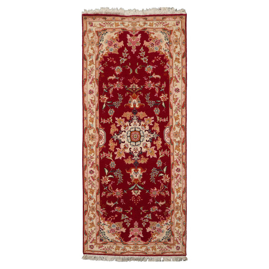 2'7''x6 Runner Hand Knotted Wool & Silk Fuschia Tabriz Traditional 300 KPSI Rug