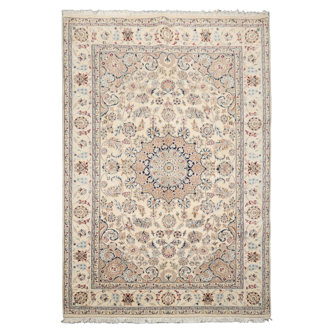 6x9 Ivory, Tan, Navy Color Hand Knotted Nain Wool & Silk Traditional Oriental Rug