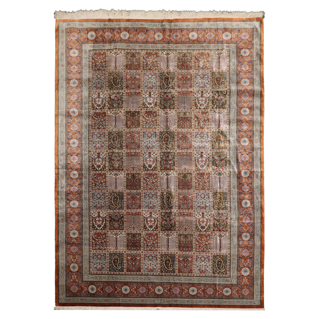 7x10 Caramel, Ivory, Green Color Hand Knotted Qum All Silk Silk Traditional Oriental Rug