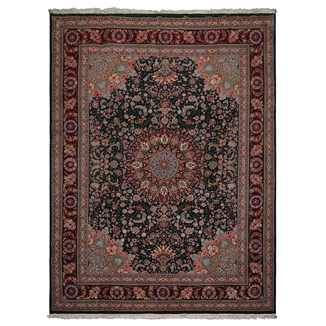 9x12 Emerald, Burgundy, Aqua Color Hand Knotted Sino Persian Wool & Silk Traditional Oriental Rug