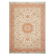 6x10 Ivory, Rose, Lime Color Hand Knotted Tabriz Wool & Silk Traditional Oriental Rug