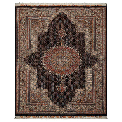 8x11 Midnight Blue, Ivory, Rose Color Hand Knotted Tabriz Wool Traditional Oriental Rug