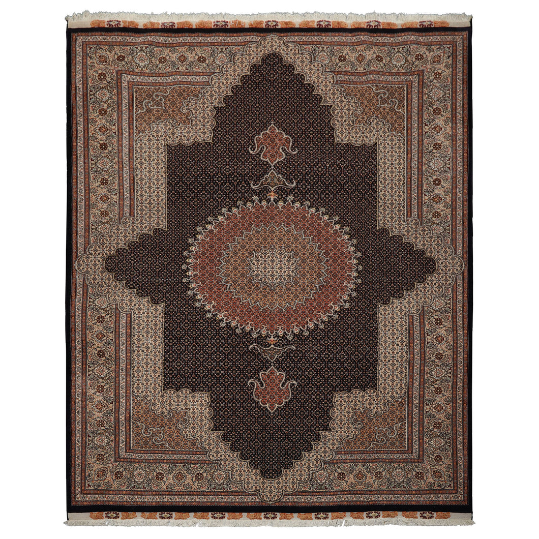 8x11 Midnight Blue, Ivory, Rose Color Hand Knotted Tabriz Wool Traditional Oriental Rug