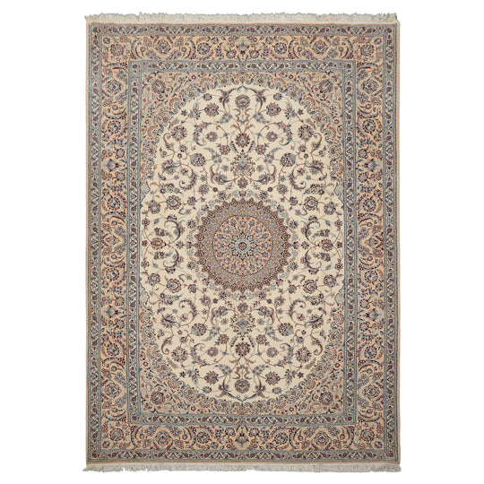 7x10 Hand Knotted Wool & Silk Ivory Nain Traditional Rug