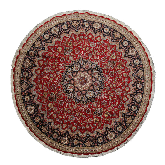 8'2''x8'2'' Round Hand Knotted Wool Red Tabriz Traditional Rug