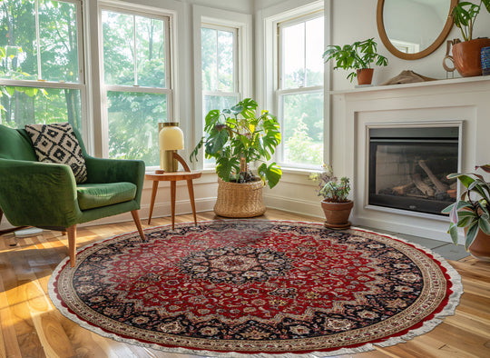 8'2''x8'2'' Round Hand Knotted Wool Red Tabriz Traditional Rug