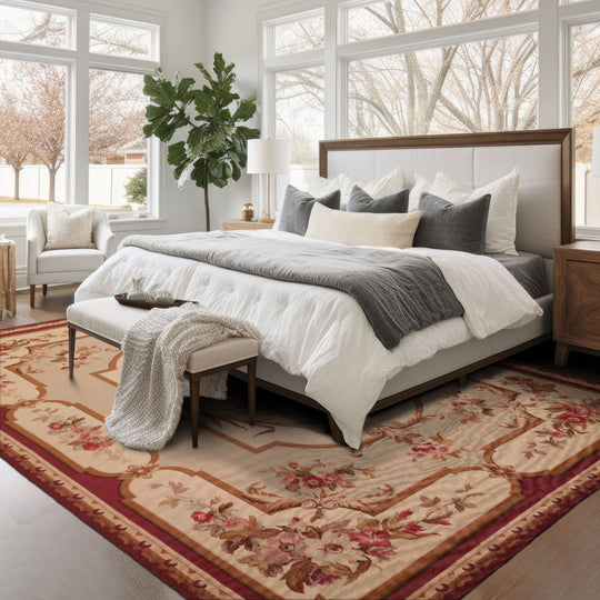 7x9'11'' Hand Woven Wool Ivory French Aubusson Needlepoint Traditional European Classic Design Rug