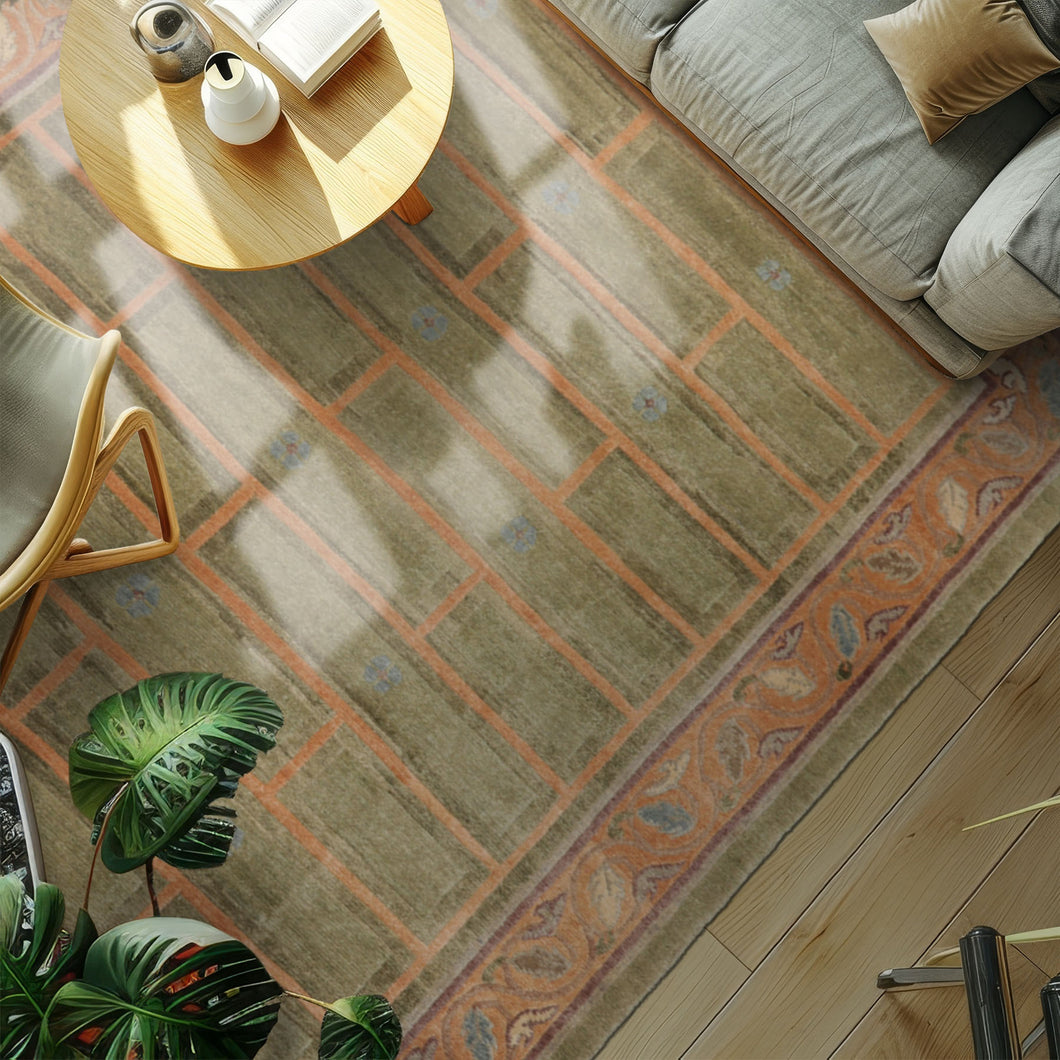 8x11 Mint, Peach, Aubergine Color Hand Knotted Tibetan Wool Arts & Crafts Oriental Rug