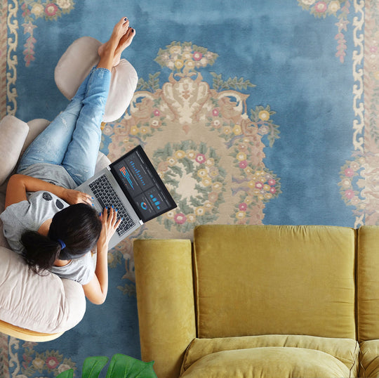 7'8''x10 Hand Knotted Wool Baby Blue French Aubusson Savonnerie Traditional Plush Pile Pande Cameron Rug