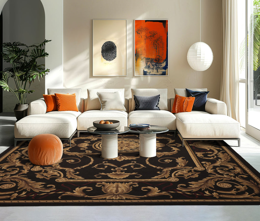 9x12 Chocolate, Gold, Brown Color Hand Woven French Aubusson Flatweave Wool Traditional Oriental Rug