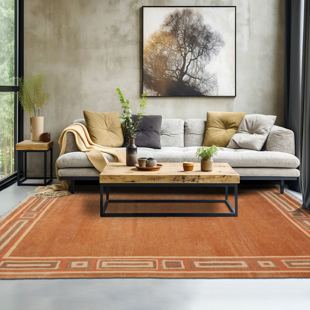 8x10 Peach, Ivory, Coral Color Hand Knotted Tibetan Wool Modern & Contemporary Oriental Rug