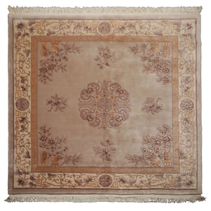 Square Taupe, Ivory, Tan Color Hand Knotted French Aubusson Savonnerie Wool Traditional Oriental Rug