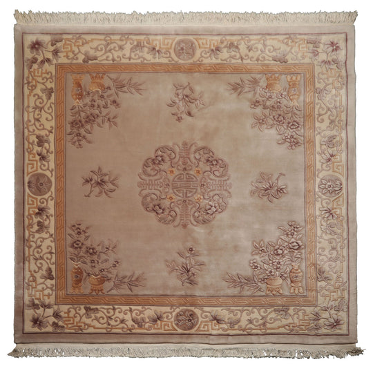 8'6''x8'6'' Round Hand Knotted Wool Taupe French Aubusson Savonnerie Traditional Plush Pile Square Hand sculpted look Rug
