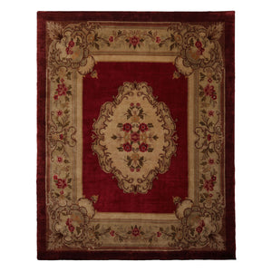 8x10 Crimson, Green, Tan Color Hand Knotted French Aubusson Savonnerie Wool Traditional Oriental Rug