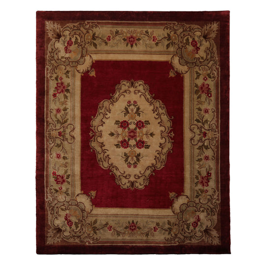 7'8''x9'5'' Hand Knotted Wool Crimson French Aubusson Savonnerie Traditional European Classic Design Rug
