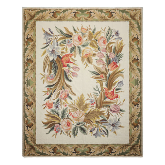 8x10 Hand Woven Wool Ivory French Aubusson Needlepoint Traditional Botanical Rug