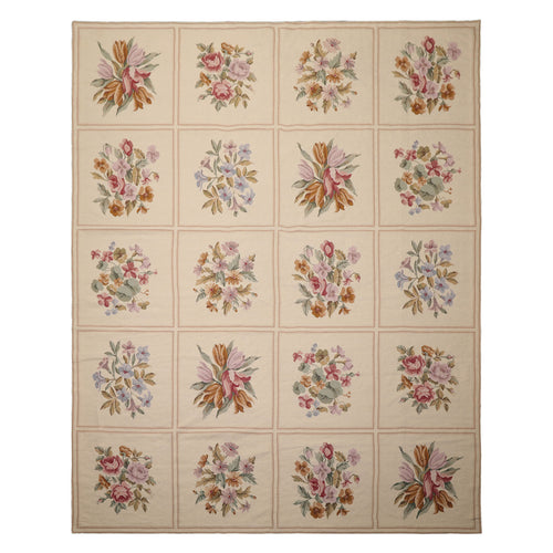 8x10 Ivory, Tan, Green Color Hand Woven French Aubusson Needlepoint  Wool Traditional Oriental Rug